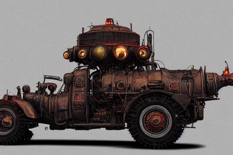 Prompt: hellfire engine strokeed by the echo, mad max, in the style of hannes bok and doug chiang and vernon grant, trending on artstation, back lighting rear view steampunk, blueprint, muted colors, gothic, tachisme