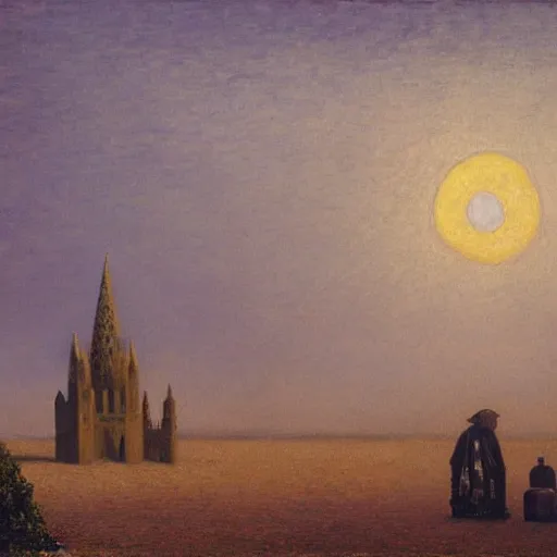 Prompt: Landscape painting of a sand castle in a foggy desert in the evening. Gothic architecture. The sun sets. Warm colors. Dark bright effect. Oil on canvas by Caillebotte and Albert Bierstadt and Ernst Haeckel and James Jean. Very detailed drawing, with a deep sense of composition. The style of the painting is delicate and slightly drawn.