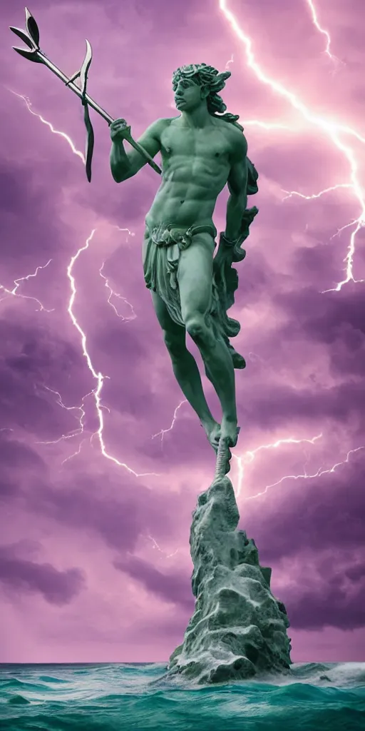 Image similar to gigantic marble statue of the god of the sea wielding a trident on an island. roiling waves at the base. scene lit by lightning. thunderclouds in the background. fantasy setting. magicians praying to the statue. purples and greens. fantasy aesthetic. extremely detailed. 4 k. digital art.