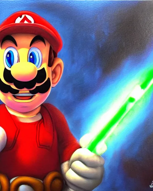 Image similar to portrait of super mario as a jedi, red cap, blue lightsaber, beautiful, very detailed, hyperrealistic, medium shot, very detailed painting by Glenn Fabry, by Joao Ruas