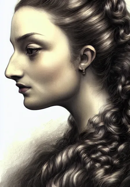 Prompt: sansa portrait in profile with a complex hairstyle with lots of curls, intricate, elegant, highly detailed, digital painting, artstation, concept art, smooth, sharp focus, illustration, pre - raphaelite style