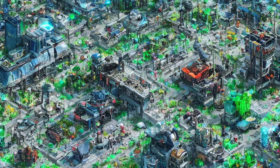 Prompt: biopunk town, trending on artstation, a town inspired by biological and plant-based industries and light industries. World renowned famous artists. Worth1000.net