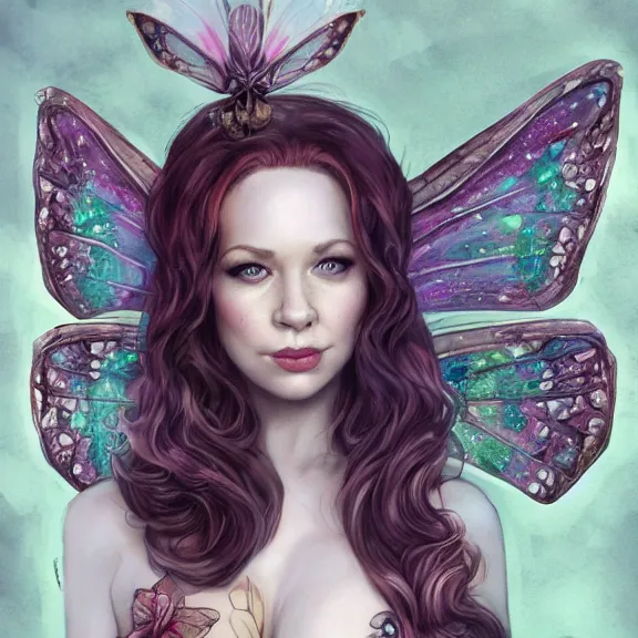 Prompt: christina rene hendricks as a fairy, butterfly wings, body covered in floral tattoos, d & d, fantasy, highly detailed, digital art, trending on artstation, smooth, sharp focus, illustration, art by peter tang and artgem