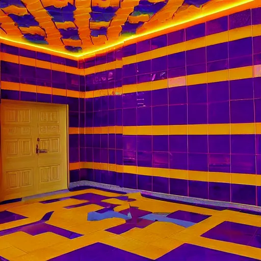 Prompt: dreampool rooms, neon ceramic tiles, purple sunlight coming through columns of neon marble