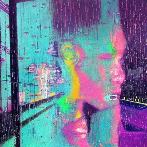 Image similar to rain like a dream, oil painting, cyberpunk, basquiat + francis bacon + gustav klimt + beeple, elevated street art, fantasy lut, textural, pink, blue, purple, green,