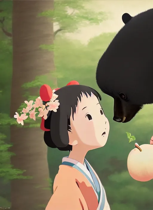 Image similar to painting of a small girl wearing a kimono giving a peach to an anthropomorphic asian black bear, close up, in the style of studio ghibli, heikala, 8 k, raw, featured in artstation, octane render, cinematic, elegant, intricate, 8 k