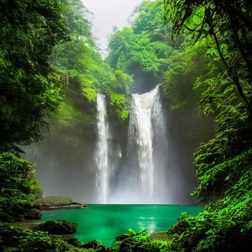 Prompt: a large waterfall surrounded by lush green trees, a matte painting by maud naftel, shutterstock contest winner, naturalism, photo taken with ektachrome, creative commons attribution, high dynamic range