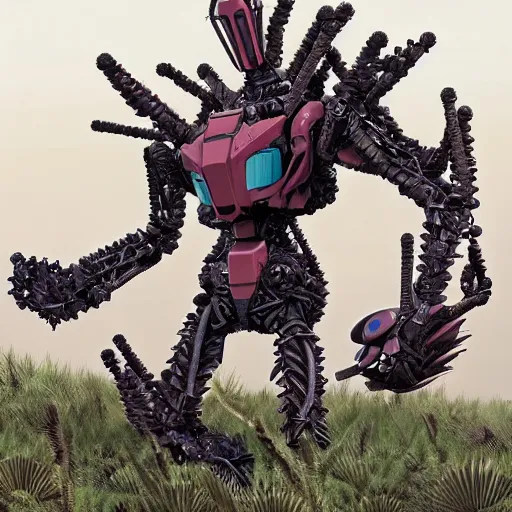 Image similar to spacepunk organic biomech living evangelion giant robot, made of spikes, lovecraftian, fullbody concept, surrounded by dunes, evil