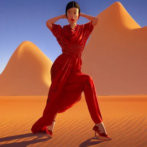 Image similar to innovative avant-garde art, deco fashion, asian women, wearing red, highly detailed, photorealistic portrait, serene desert setting, golden hour, crisp quality and light reflections, unreal engine 5 quality render