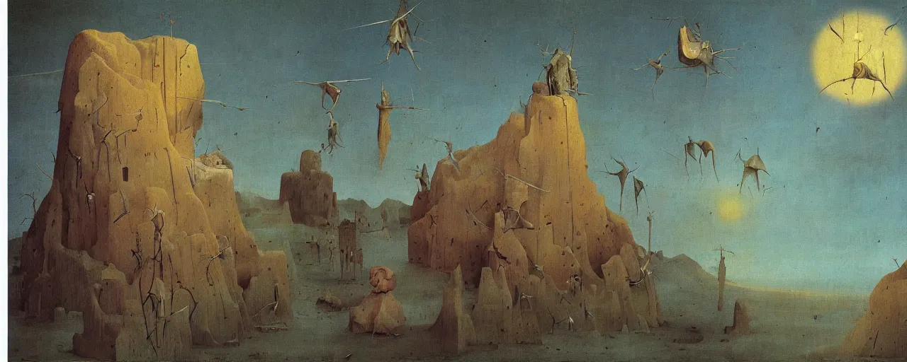 Prompt: Barren Desert Triptych by Hieronymus Bosch, Zdzislaw Beksinski, surreal oil painting, highly detailed, dream like, masterpiece