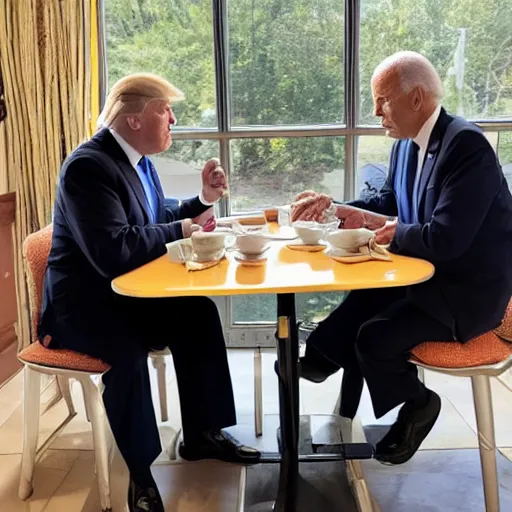 Image similar to photograph of trump and Biden sitting and eating breakfast at a Wafflehouse