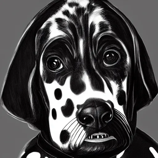 Image similar to dalmatian dog as darth vader, highly detailed, digital painting, artstation, concept art, matte, sharp focus, illustration