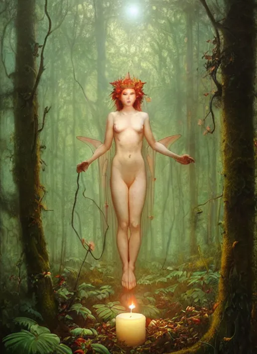 Image similar to a hyper realistic floating fairy shrine, candles, in the woods, gorgeous lighting, lush forest foliage, explosions painting by chiara bautista and tom bagshaw, mucha, beksinski and norman rockwell and greg rutkowski weta studio, and lucasfilm