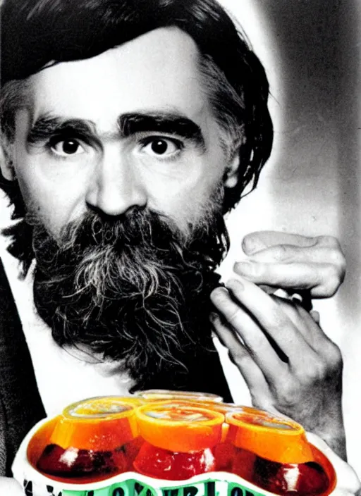 Prompt: vintage jello advertisement depicting charles manson holding a perfection salad