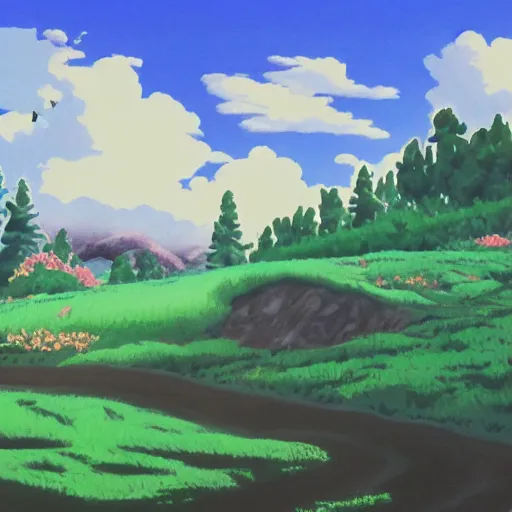 Prompt: landscape by miyazaki, gouache painting by disney