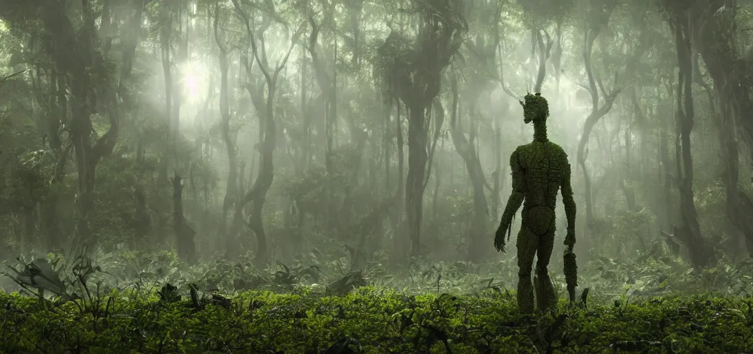 Image similar to a complex organic fractal 3 d metallic symbiotic ceramic humanoid megastructure creature in a swampy lush forest, foggy, sun rays, cinematic shot, photo still from movie by denis villeneuve, wayne barlowe, close - up