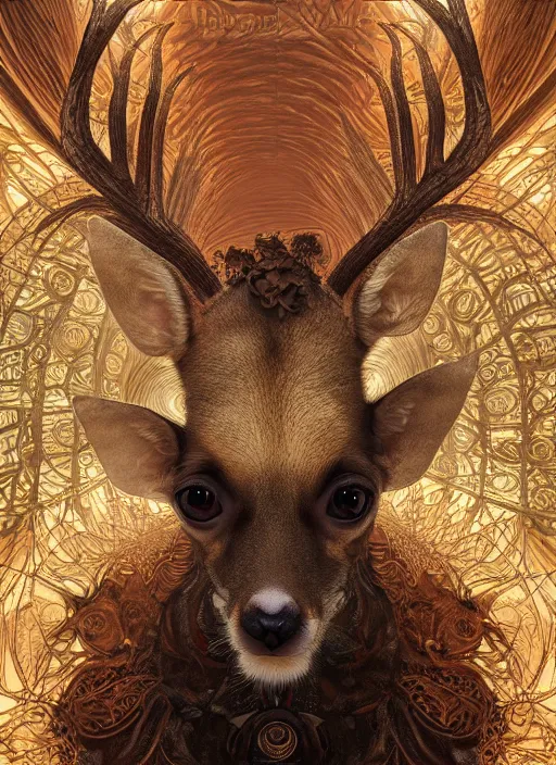 Image similar to deer chihuahua huge ominous glowing brown eyes staring into my soul, perfect eyes, soft pale golden skin, intricate stunning highly detailed, Agostino Arrivabene, Tomasz Strzalkowski, twisted bright lucid dream, 8k portrait render, swirling thick smoke , beautiful lighting, art nouveau, Alphonse Mucha, cgsociety