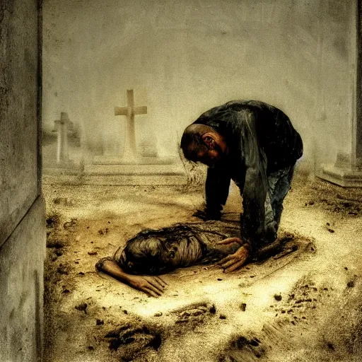 Prompt: one man in a cemetery digging up a dead body, by nicola samori, painting, 8 k, high detail, medium blue, orange, and dark green tones, high quality, sad feeling, high detail, dark colors, sinister atmosphere, dramatic lighting, cinematic, establishing shot, extremely high detail, photo realistic, cinematic lighting, album cover