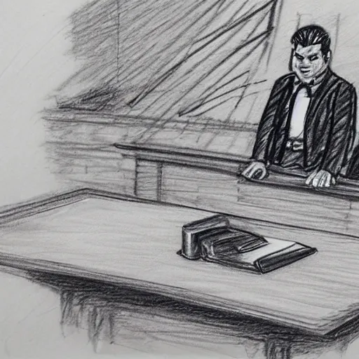 Image similar to mario at the witness stand in court. pencil court sketch. intricate. highly professionally detailed.