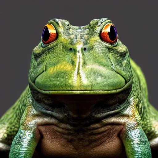 Prompt: hyperrealistic mixed media image of bullfrog with face info wars alex jones, stunning 3 d render inspired art by xiang duan and thomas eakes, perfect facial symmetry, hyper realistic texture, realistic, highly detailed attributes and atmosphere, dim volumetric cinematic lighting, 8 k octane detailed render, post - processing, masterpiece,