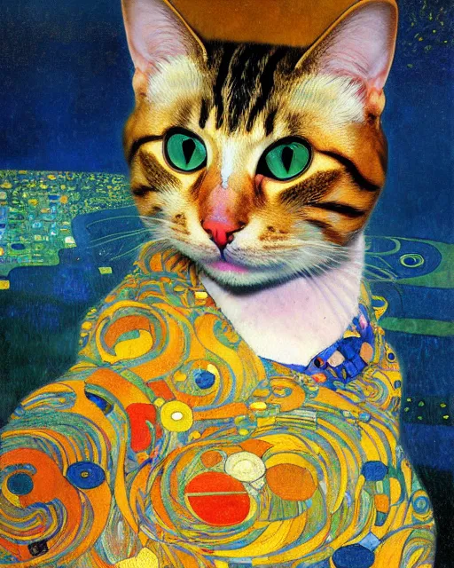 Prompt: summertime cat portrait an oil painting splashes with many colors and shapes by gustav klimt greg rutkowski and alphonse mucha, polycount, generative art, psychedelic, fractalism, glitch art