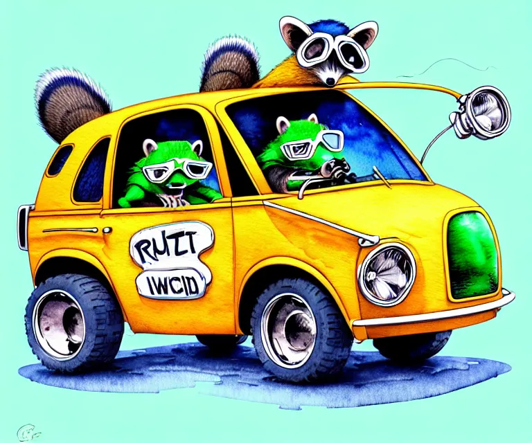 Prompt: cute and funny, racoon wearing goggles driving a tiny hot rod with an oversized engine, ratfink style by ed roth, centered award winning watercolor pen illustration, isometric illustration by chihiro iwasaki, edited by craola, tiny details by artgerm and watercolor girl, symmetrically isometrically centered
