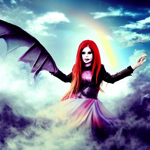 Image similar to photograph of avril lavigne riding a dragon through the clouds with rainbows and unicorns, high medieval fantasy, full color digital art, cinematic shot, portrait, wide shot.