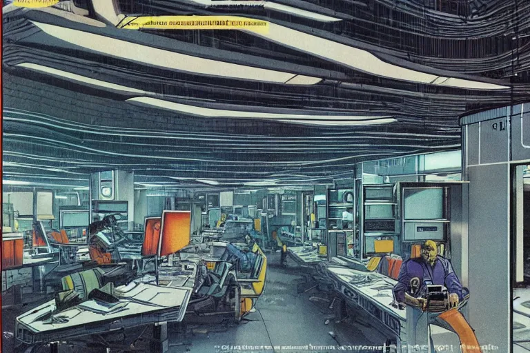 Image similar to 1979 OMNI Magazine Cover depicting a large architectural drafting room. Cyberpunk Akira style by Vincent Di Fate