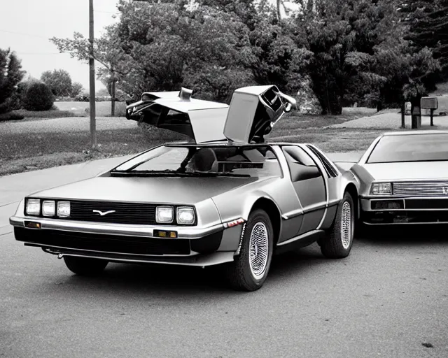 Prompt: a single delorean and 1 9 5 8 cadillac miller - meteor hybrid, lomography lady grey