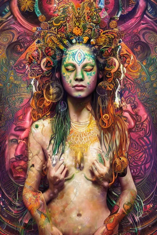 Image similar to a centered full body photo of alluring mystical goddess festival hippies with tribal paintings surrounded by a underwater ink pour and flowing liquid galium and sacred geometry, perfect face, powerful, cinematic, beautifully lit, by artgerm, by karol bak, by viktoria gavrilenko, 3 d, trending on artstation, octane render, 8 k