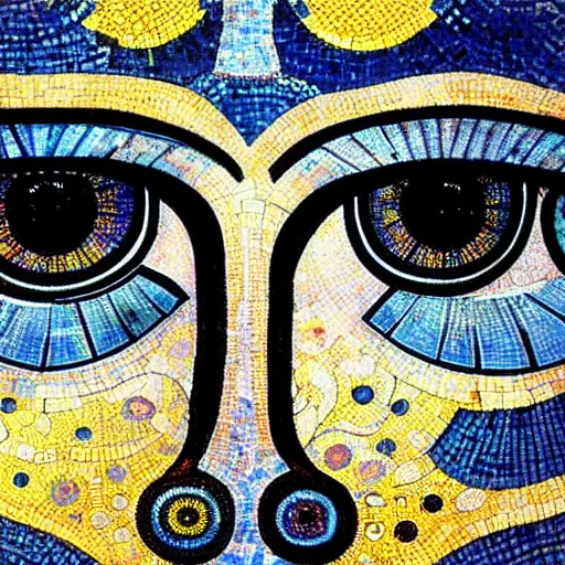 Image similar to A beautiful painting a large eye that is looking directly at the viewer. The eye is composed of a myriad of colors and patterns, and it is surrounded by smaller eyes. The smaller eyes appear to be in a state of hypnosis, and they are looking in different directions. DayGlo blue, roman mosaic by John Bauer, by Bastien Lecouffe-Deharme artificial