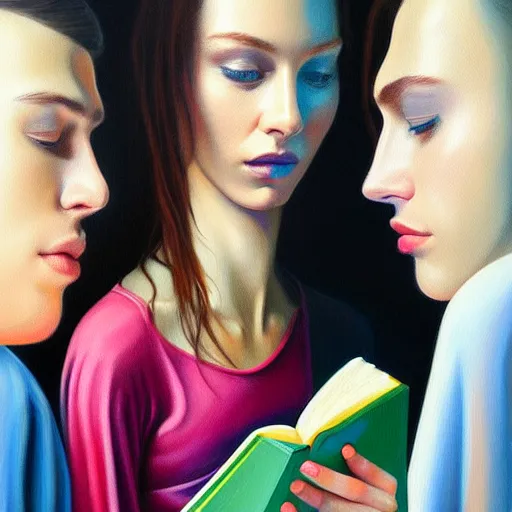 Image similar to hyperrealistic painting of a beautiful young woman holding a book while a woman and three men peep into the book from behind, detailed digital art, trending on artstation,