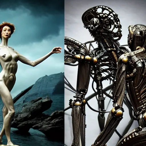 Image similar to still frame from Prometheus movie by Makoto Aida, biomechanical orchids mantis angel archangel gynoid by giger, metal couture by neri oxmn and Guo pei, editorial by Malczewski and by Caravaggio