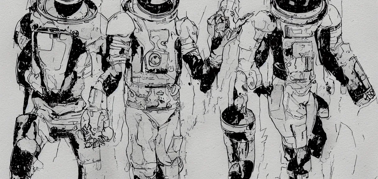 Image similar to male, heroic figure, space suit with a modern helmet, character sheet, block shapes, science fiction, very stylized, character design, pen and ink, digital painting, watercolor wash, by mike mignola, by alex maleev, jean giraud