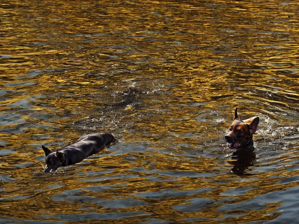 Image similar to a dog!!!!!!!!!!!! looking!!!!! down!!!!!, reflection!!!!! in water, ripples, small stream, beautiful!!!!!! photograph, golden hour, high resolution, national geographic