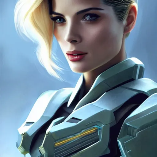 Image similar to A combination of Grace Kelly's and Ada Wong's and Ashley Greene's appearances with blonde hair wearing Forerunner armor from Halo, high tech, action shot, angular, full body portrait, futuristic, dramatic, fantasy, intricate, elegant, highly detailed, artstation, matte, sharp focus, 8K, art by Artgerm and Greg Rutkowski and Alphonse Mucha