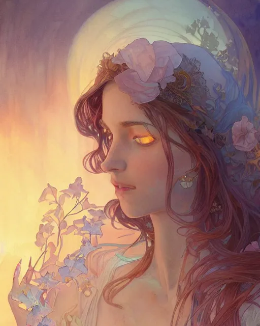 Image similar to death, highly detailed, gold filigree, romantic storybook fantasy, soft cinematic lighting, award, disney concept art watercolor illustration by mandy jurgens and alphonse mucha and alena aenami, pastel color palette, featured on artstation