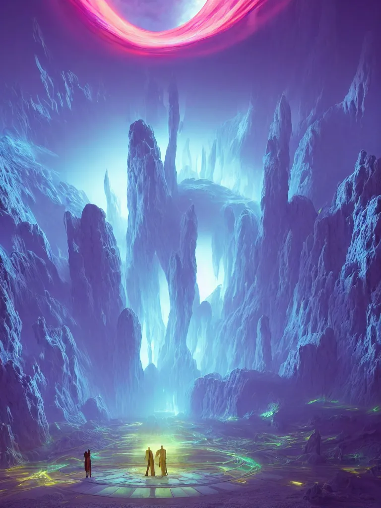 Image similar to entrance to ethereal realm, god waiting, rendered in unreal engine, central composition, symmetrical composition, dreamy colorful cyberpunk colors, 6 point perspective, fantasy landscape with anthropomorphic!!! terrain!!! in the styles of igor morski, jim warren, and rob gonsalves, intricate, hyperrealistic, volumetric lighting, neon ambiance, distinct horizon