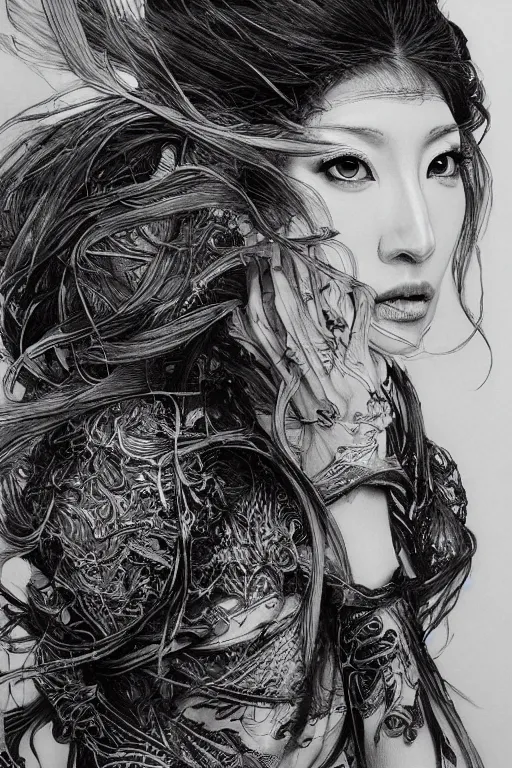 Image similar to portrait of dichen lachman , pen and ink, intricate line drawings, by Yoshitaka Amano, Ruan Jia, Kentaro Miura, Artgerm