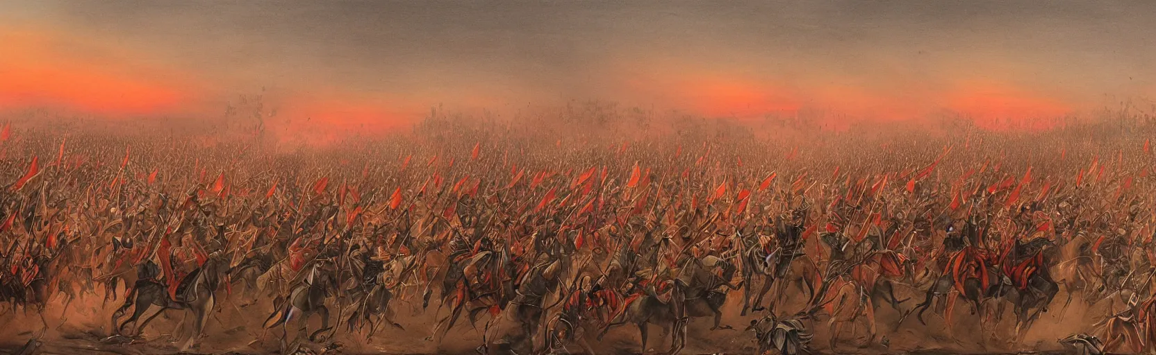 Prompt: imam al hussein in karbala fighting an army alone, red sky, dust, winds, by hasan rouh al - amin