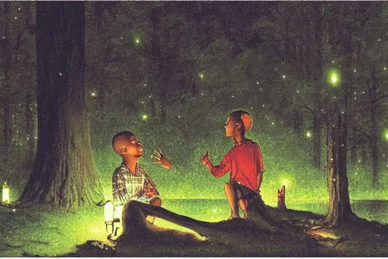 Prompt: a scenic view of a black boy talking to a phatom in the middle of a magical forest with glow-worm lights near a lake, detailed, cinematic, dramatic scene, retro illustration by Norman Rockwell.