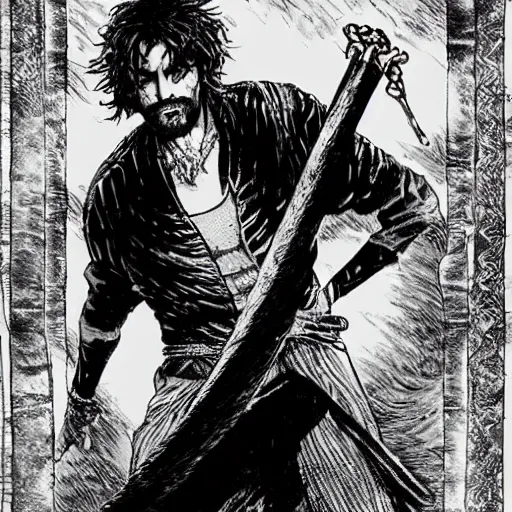 Image similar to pen and ink!!!! attractive 22 year old deus ex Frank Zappa x Ryan Gosling golden!!!! Vagabond!!!! floating magic swordsman!!!! glides through a beautiful battlefield magic the gathering dramatic esoteric!!!!!! pen and ink!!!!! illustrated in high detail!!!!!!!! by Hiroya Oku!!!!!!!!! Written by Wes Anderson graphic novel published on Cartoon Network MTG!!! 2049 award winning!!!! full body portrait!!!!! action exposition manga panel