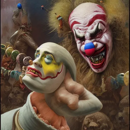 Image similar to vladimir putin, drunk jester, drunk circus performance, unga bunga, wearing clown nose, horror teeth, fantasy 3 d render, masterpiece, by donato giancola and greg rutkowski and wayne barlow and zdzisław beksinski, realistic face