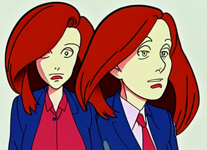 Image similar to dana scully, in the style of studio ghibli, traditional animation, sharp detail, animation cel