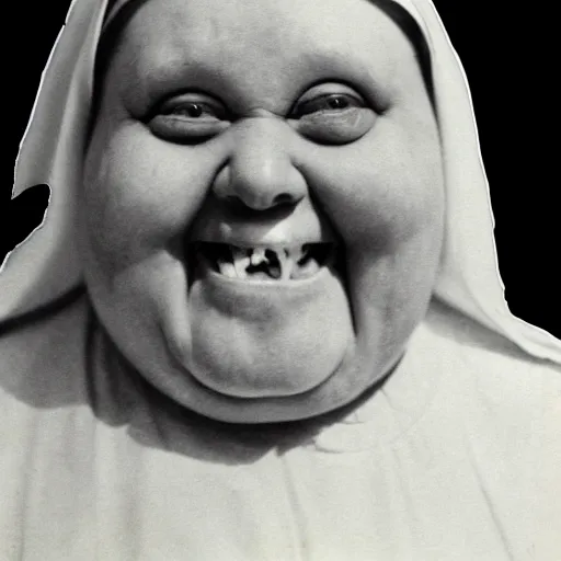 Image similar to antique photograph of an evil catholic nun, cracked and faded photo paper, morbidly obese, crazy eyes wide open, horror, staring at the camera, evil smile, sharp teeth, headshot, dark background, low light, dark