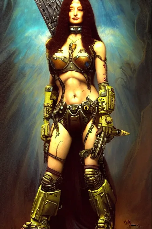 Prompt: character portrait cyberpunk starcraft terran warhammer 4 0 k space marine tech priest warrior princess ( ( ( ( ( ( ( ( totally definitely not negative no not mona lisa inspired ) ) ) ) ) ) ), character design, painting by gaston bussiere, katsuya terada, frank frazetta, tom of finland, trending on artstation