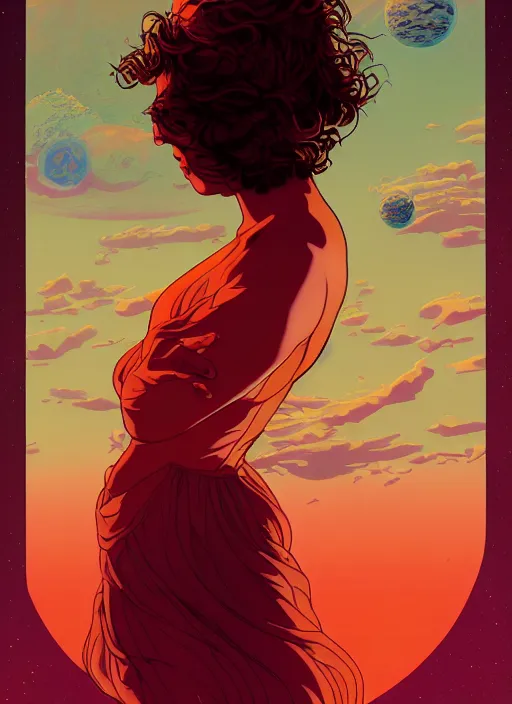 Image similar to poster artwork by michael whelan and tomer hanuka, a portrait of beautiful sensual dancing in the clouds of jupiter, clean