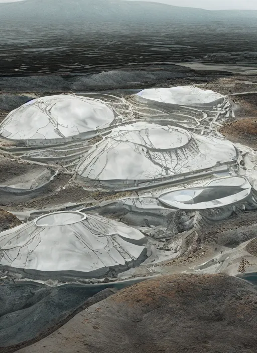 Image similar to bioremediation transparent white architecture, in the mining tailings of chuquicamata, epic, cinematic, hyperealistic, high detailed, corona render, hdr, ray tracing