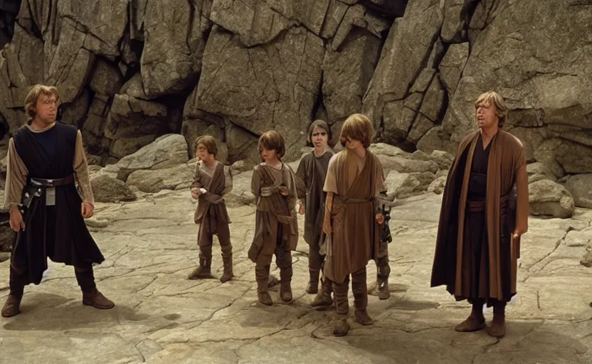 Image similar to screenshot of Luke Skywalker teaching a close of young padawans outside a rocky Jedi Temple scene from The Force Awakens, 1970s film by Stanley Kubrick, serene, iconic scene, Mark Hammil portrait, stunning cinematography, hyper-detailed, sharp, anamorphic lenses, kodak color film, 4k