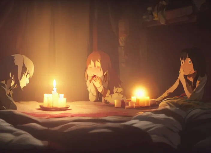 Image similar to a night scary sleepover, being lit by candles, medium shot, studio ghibli, pixar and disney animation, sharp, rendered in unreal engine 5, anime key art by greg rutkowski, bloom, dramatic lighting